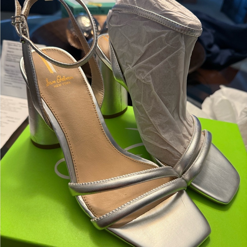 Sam Edelman Silver Sculptural Heels with Ankle Strap